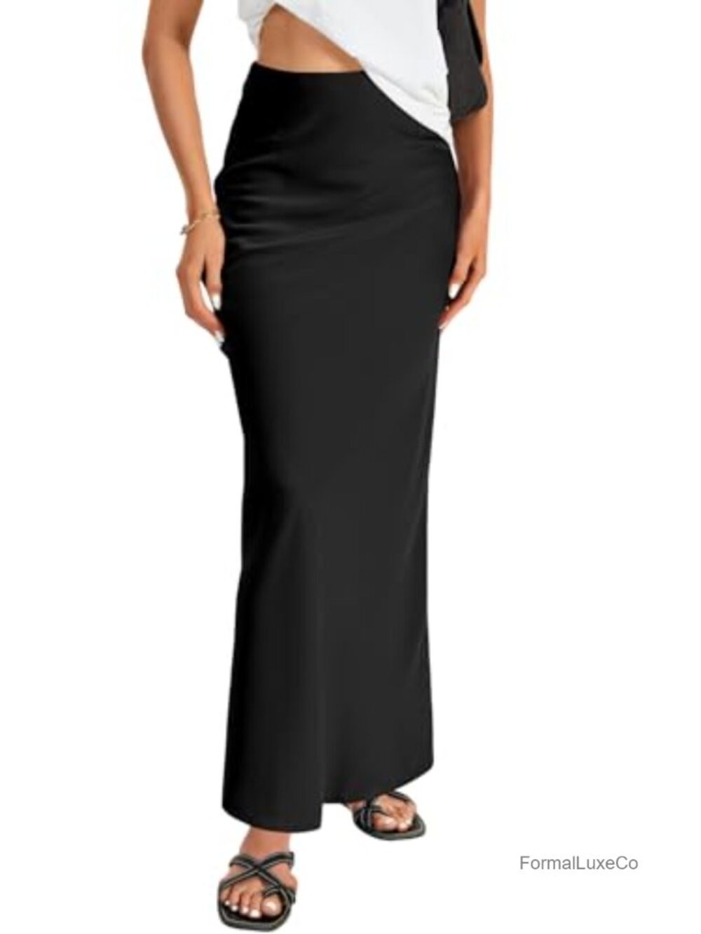Satin High Waist Maxi Skirt Flowy A Line Side Zip Ankle Length